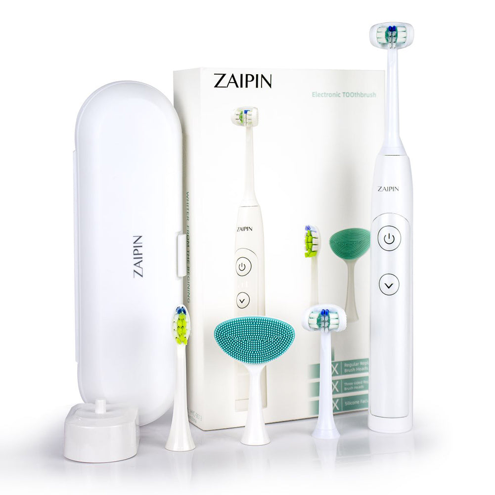 Zaipin Electric Toothbrush Induction Charging, Last For 90 Days, 5 Modes, High, Middle, And Low Three Frequency Conversion, 2 Three-Side Brush Heads, 1 Single-Side Brush Head, 1 Silicone Face Cleansing Massage Head